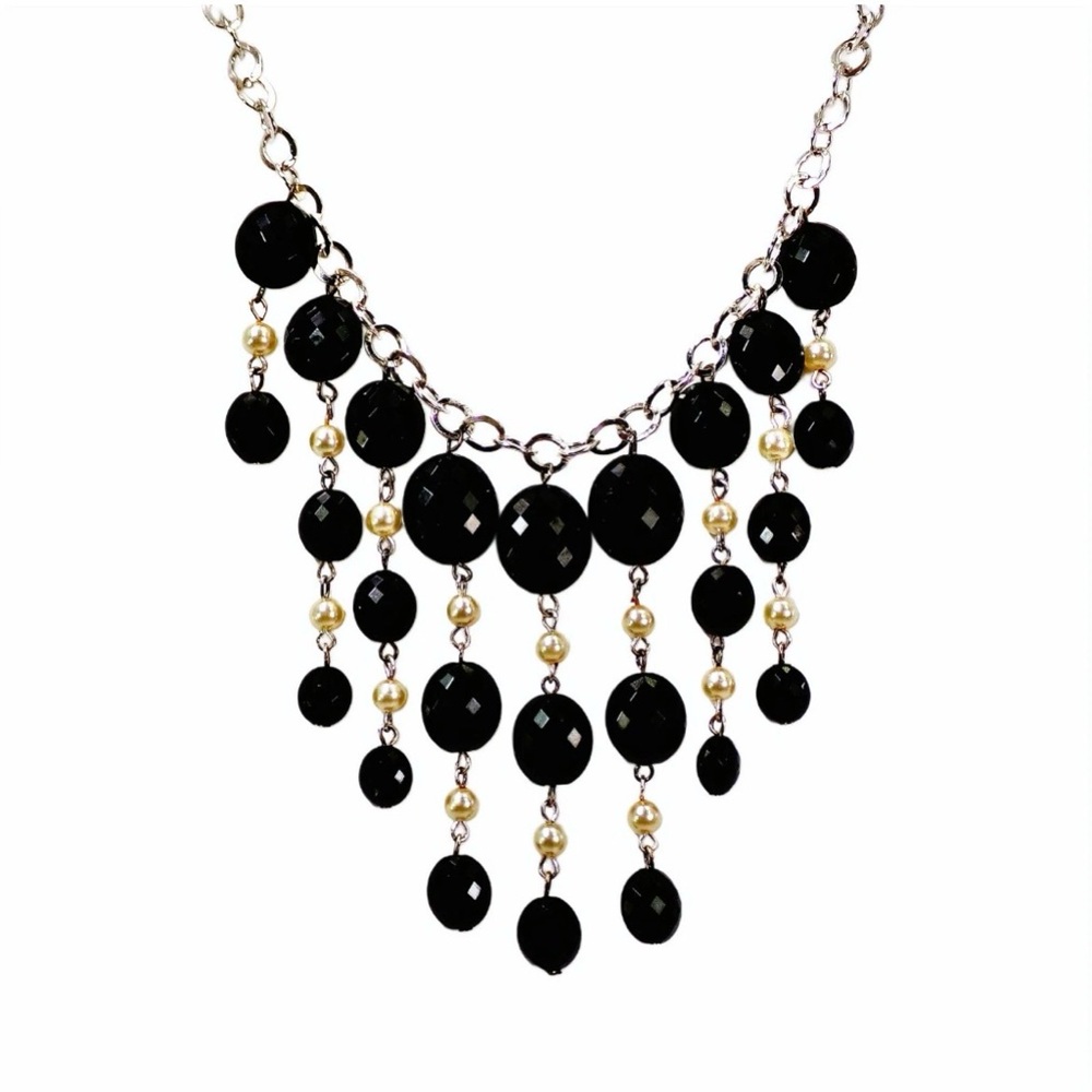 Black and white fringe bead necklace with black oval and white round beads New